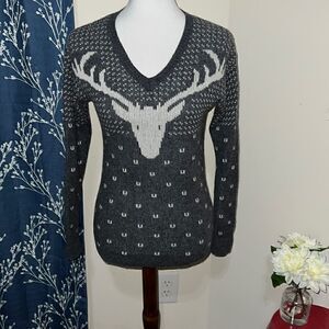 J. Crew Wool Deer Sweater Christmas Winter Holiday Gray White V-Neck sz S Small